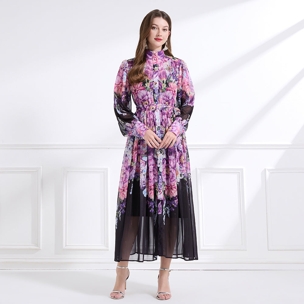Original design - stand collar, watercolor, floral print, balloon sleeves, cinched waist, large skirt, ruffled skirt