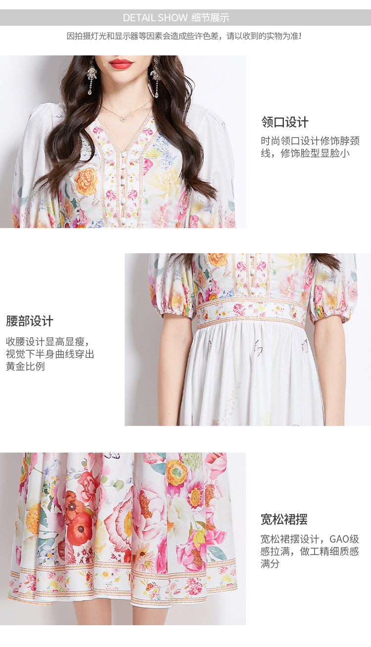 Original design for spring and summer new style bubble sleeve oil painting style waist cinched V-neck dress