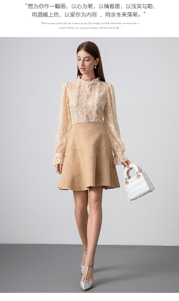 Original Design Heavy Industry Boutique Lace Splicing Coarse tweed Temperament Fake Two Small Fragrant Nail Bead Dresses