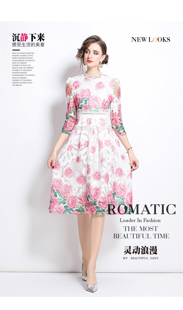 Original design mid long sleeved fashionable slimming hollow out water-soluble lace positioning mid length dress