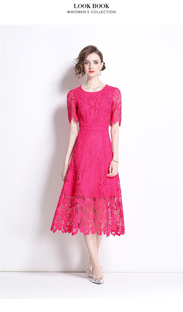 Original design temperament short sleeved skirt slim fit waist cinching heavy industry water-soluble lace dress for women