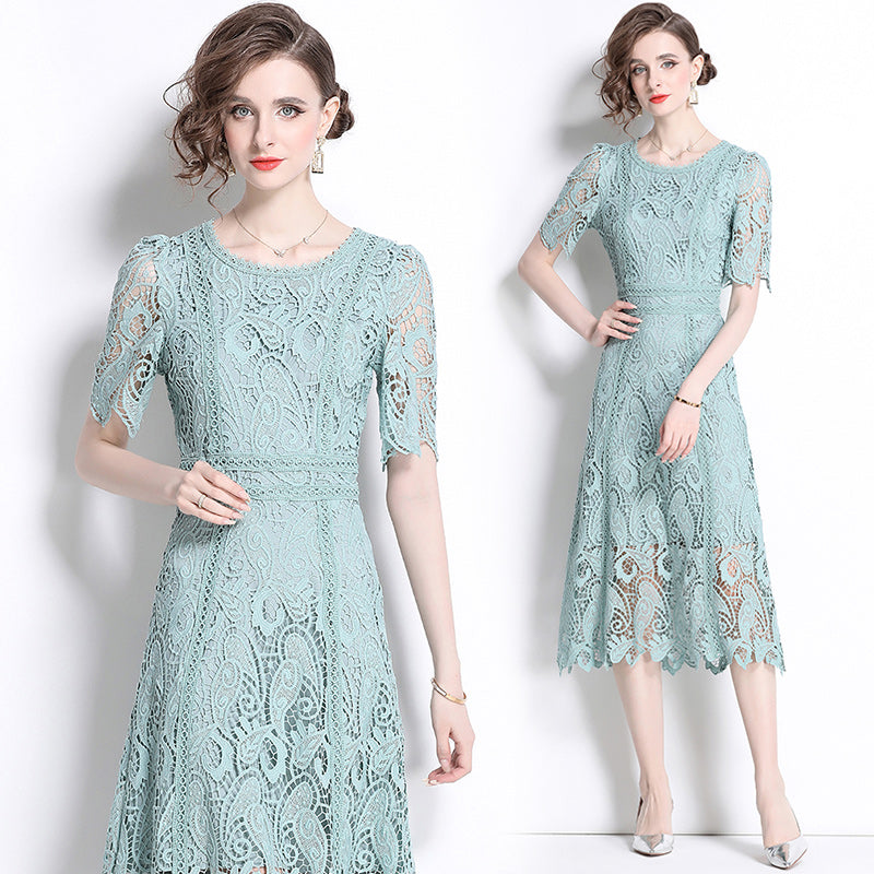 Original design temperament short sleeved skirt slim fit waist cinching heavy industry water-soluble lace dress for women