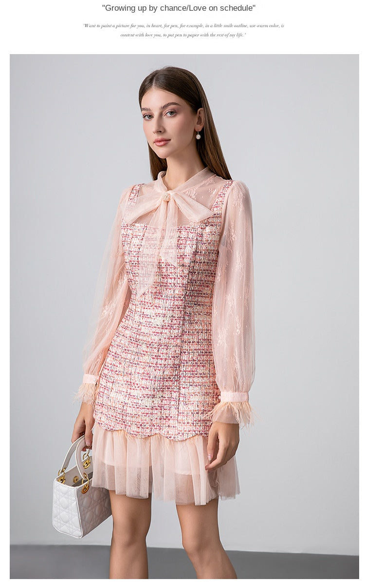 Original design: spring, summer, autumn, art lace stitching, colored tweed, small fragrance, big bow, ostrich feather dress