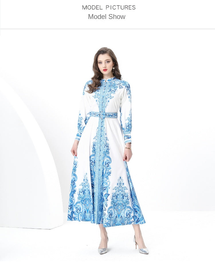 Original design: Spring, Summer, Autumn, resort style, vintage stand-up collar, single-breasted, lace panel, printed wide hem maxi dress