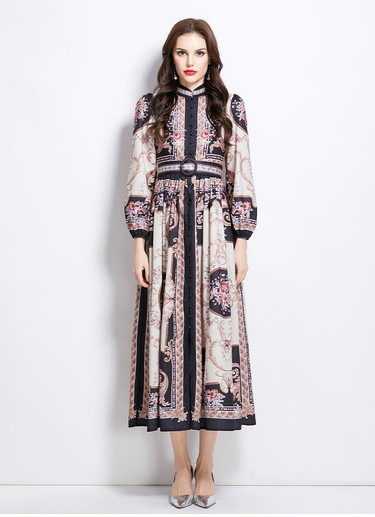 Original Design Spring/Summer Oil Painting Flower Pattern Wrapped Mid length Dress
