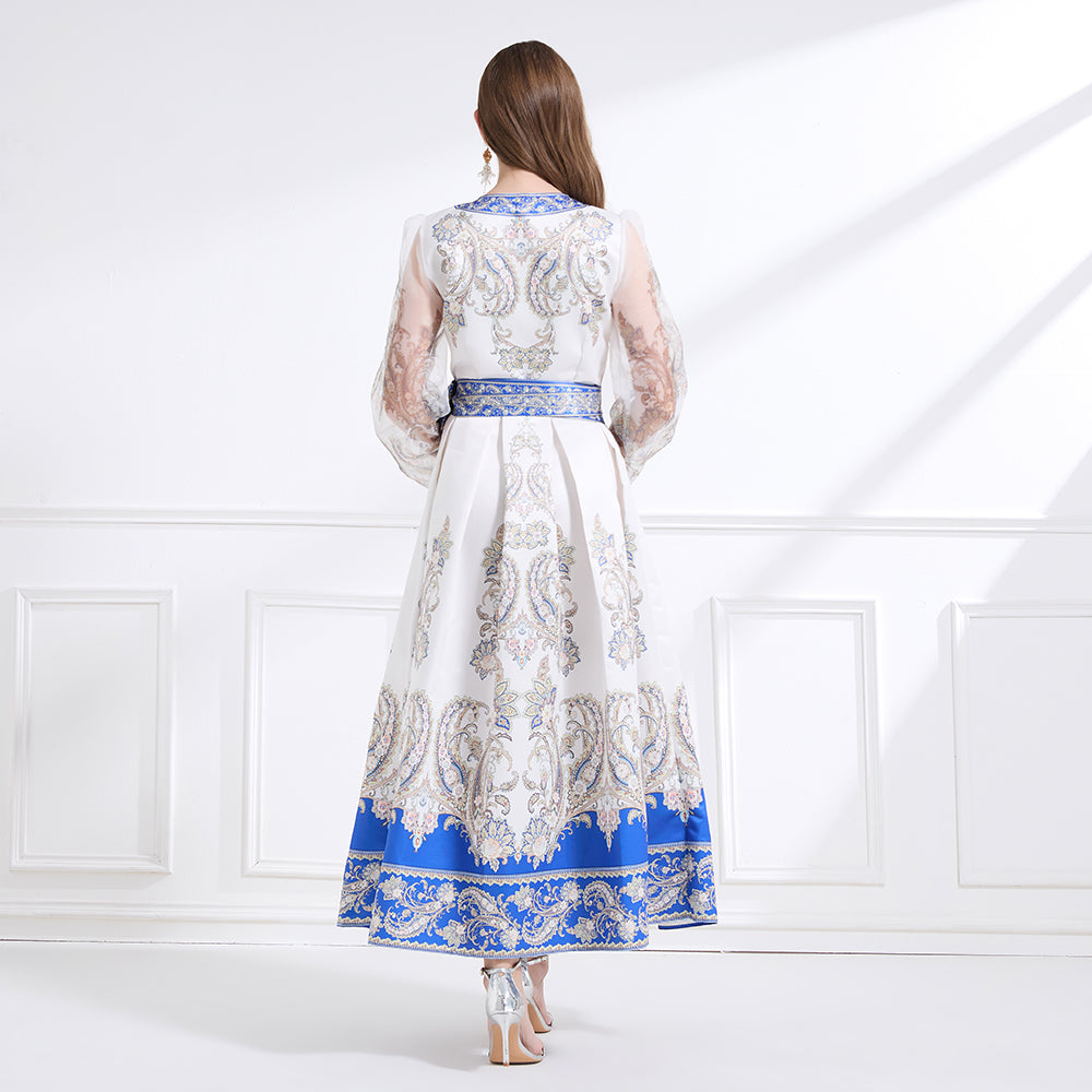 Original design - spring and summer resort style lace patchwork print waist maxi skirt ruffle dress