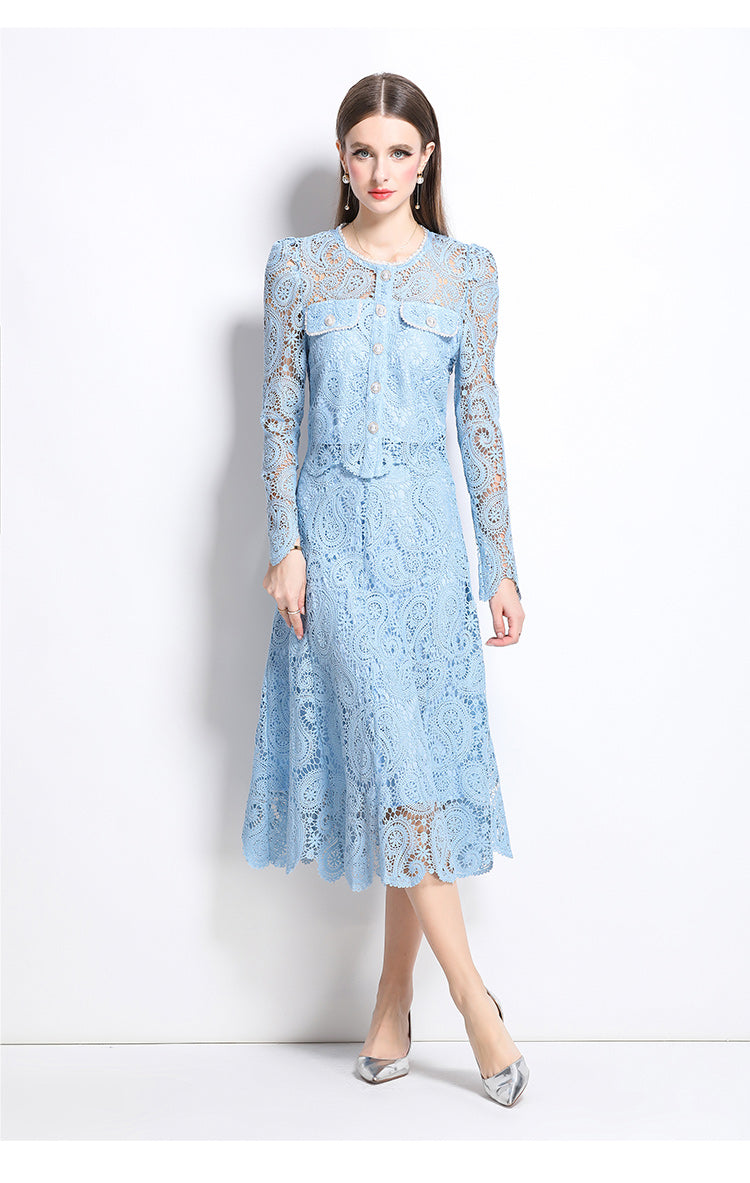 Original design for spring and summer small fragrance style set light luxury and high-end water-soluble lace skirt two-piece set