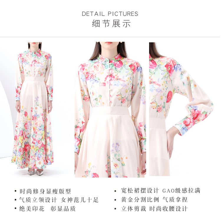 Original Design Spring/Summer Retro Style Stand up Collar High Waist Wave Edge Printed Dress Set, Two Piece