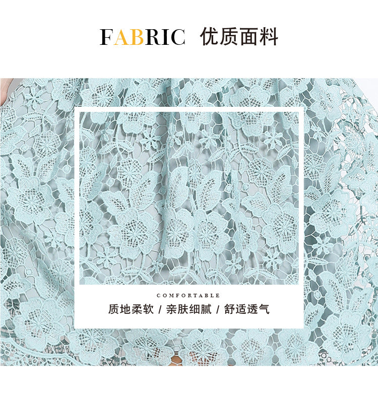 Original design short sleeved slimming hollow out water-soluble lace positioning mid length dress