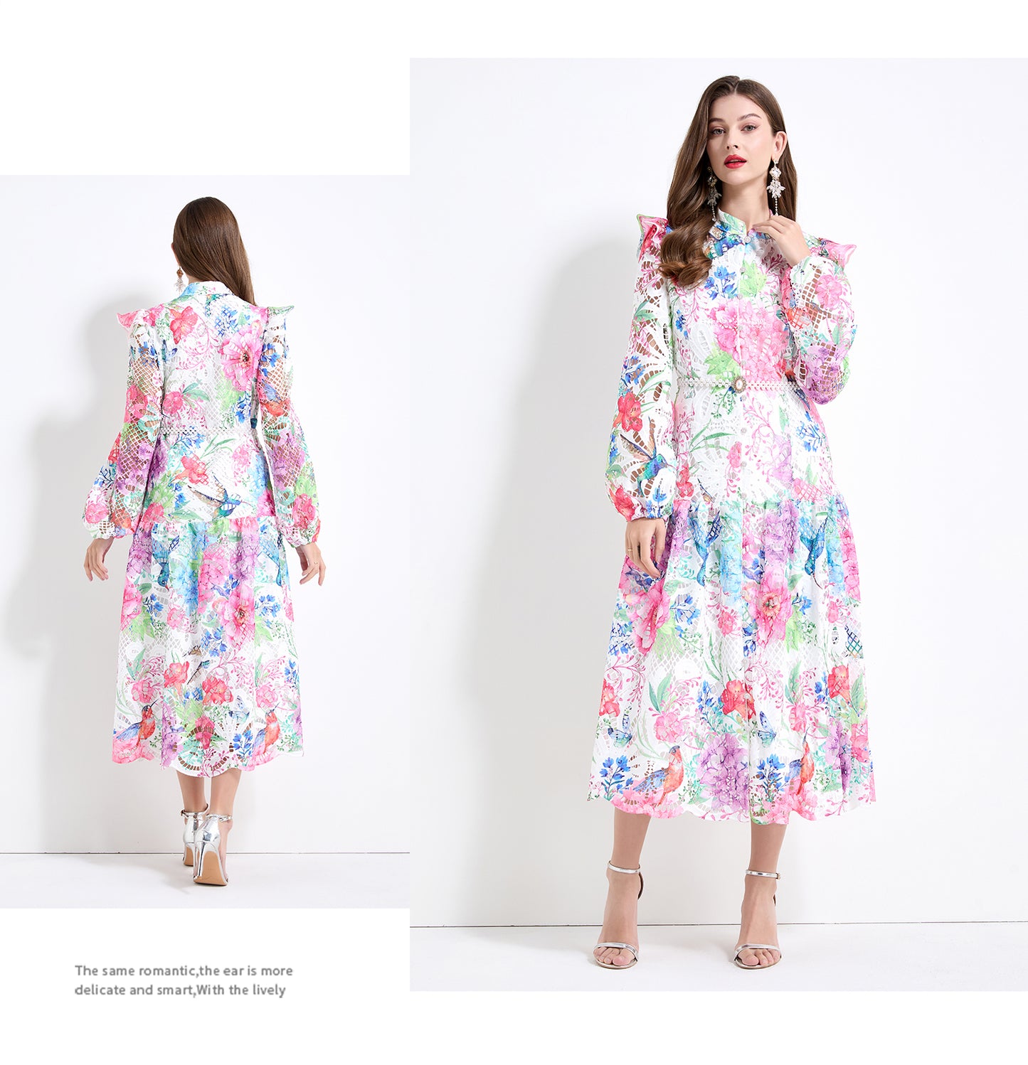 Original design - Spring/Summer vintage stand collar floral print heavy industry water-soluble long waist lace dress