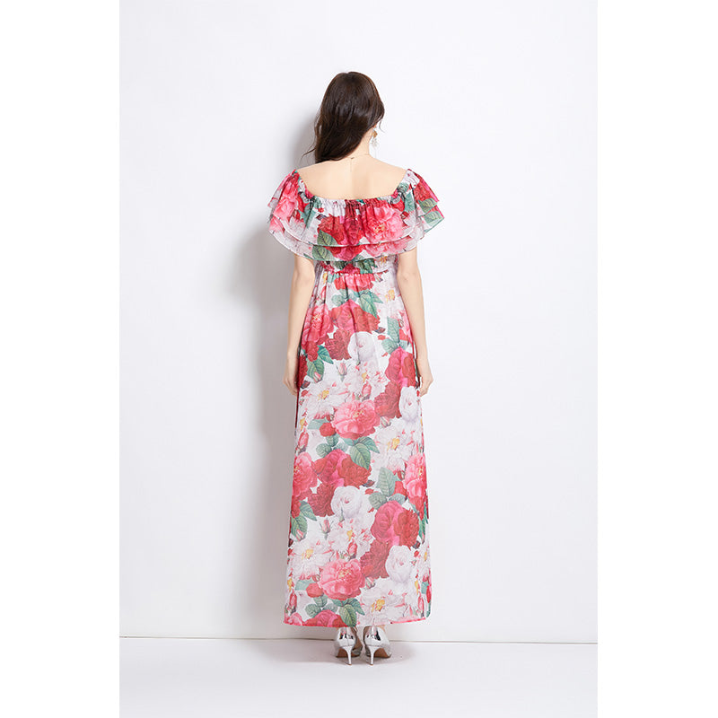 Original design for spring and summer ruffle edge one piece collar, waist cinched, big swing beach skirt, split chiffon dress