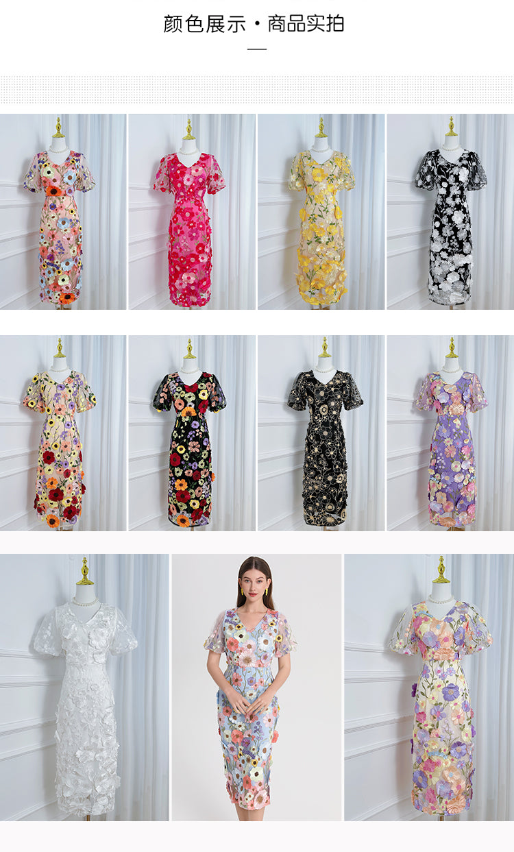 Art embroidery boutique color hand-ordered vintage V-neck slit wrap hip dress