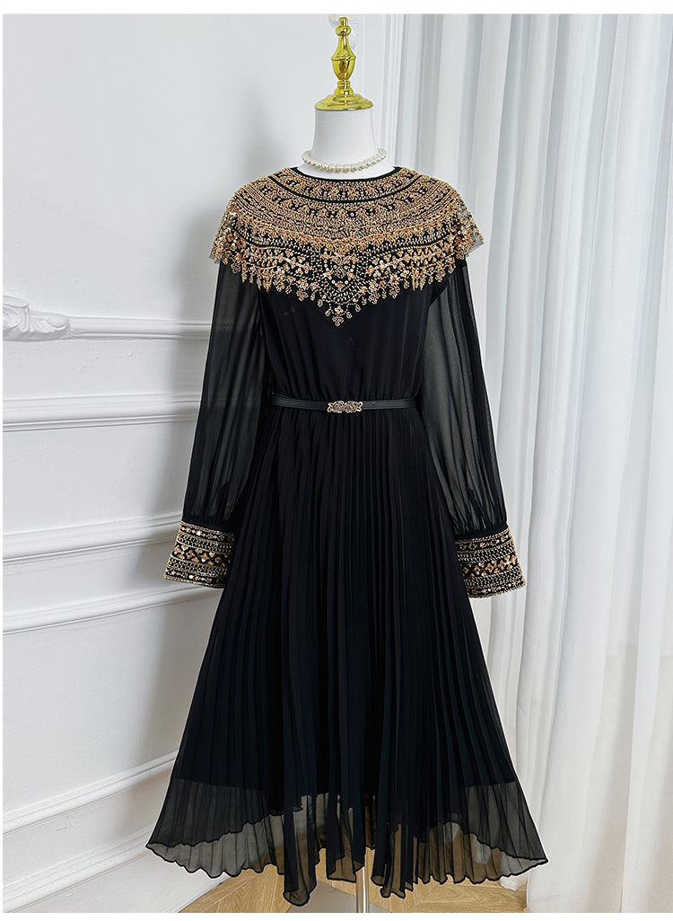 Original design premium pleated belt with gold beaded sequins draped over a chiffon pleated jumpsuit