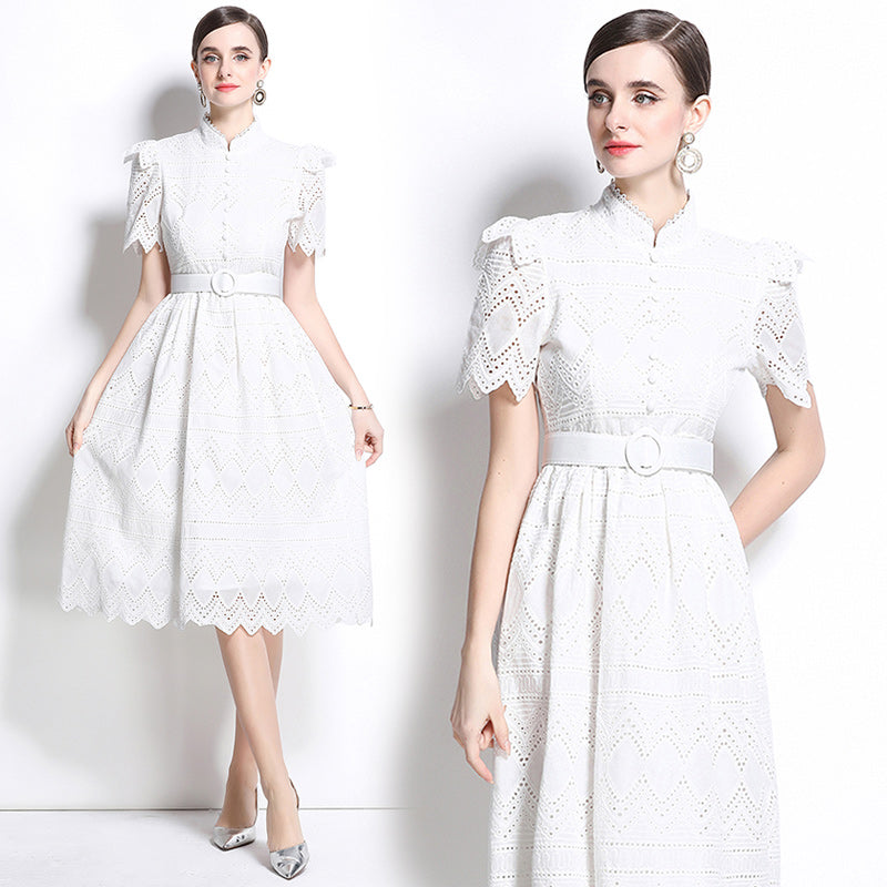 Original design elegant patchwork waist cinching short sleeved dress
