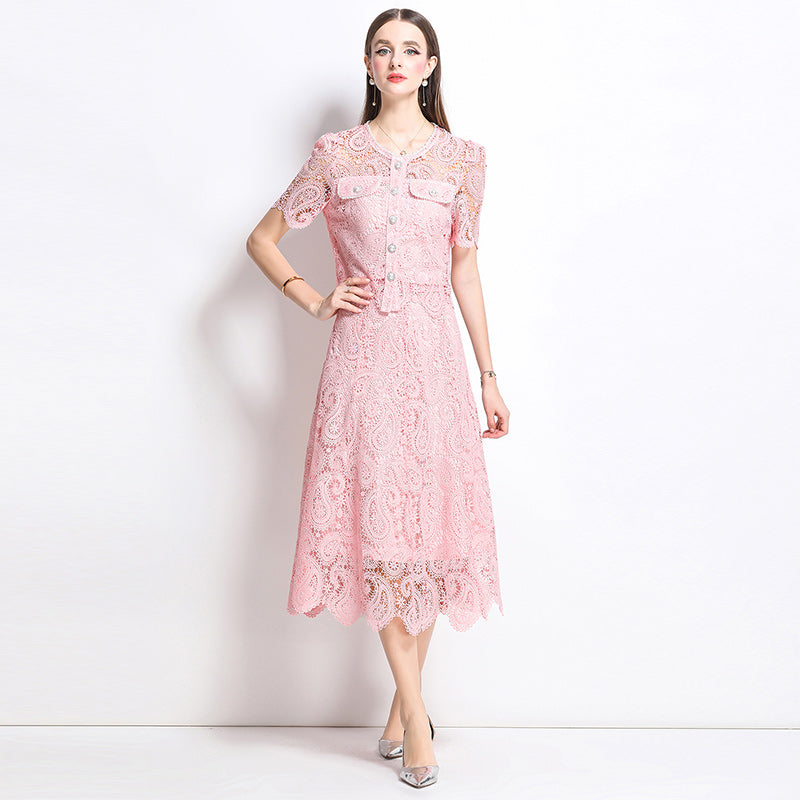 Original design for spring and summer small fragrance style set light luxury and high-end water-soluble lace skirt two-piece set