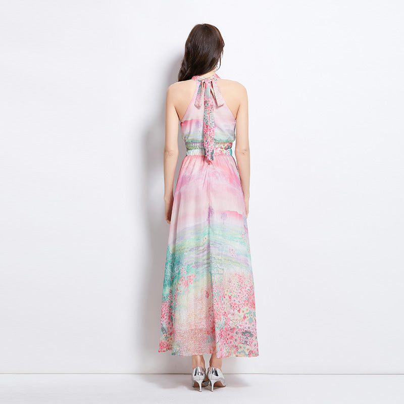 Original design: spring, summer, autumn vacation, new oil painting, flower print, halterneck maxi dress