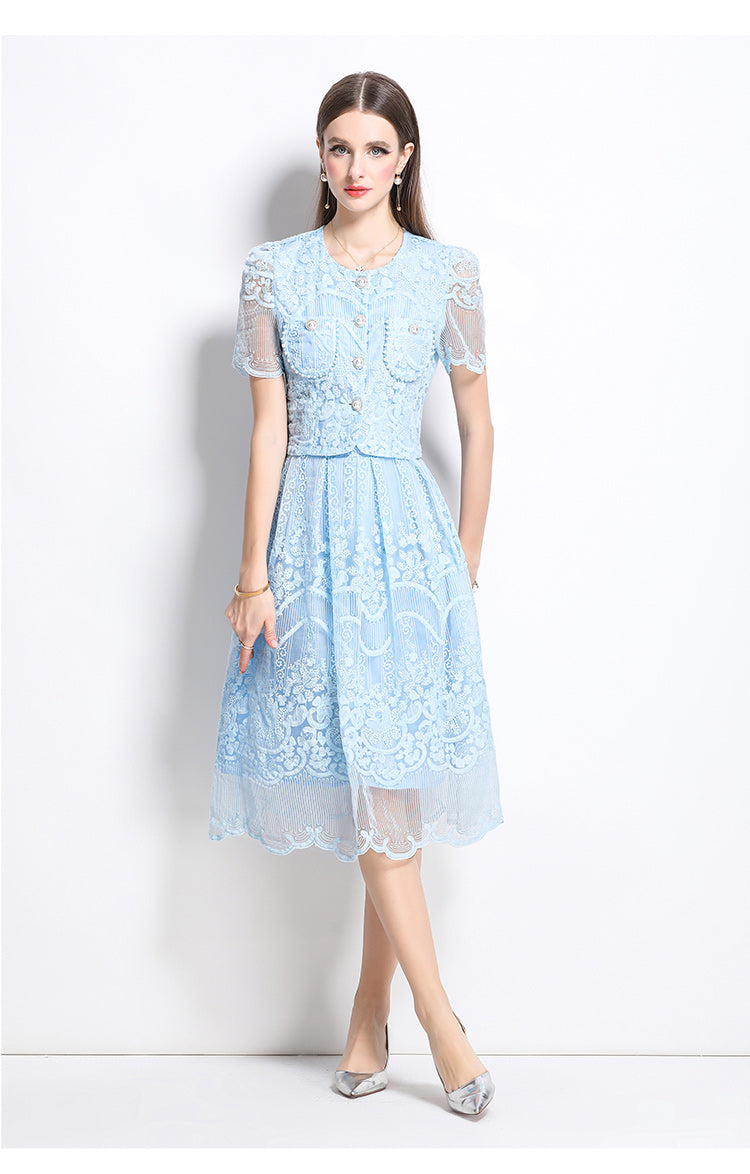 Original design for spring and summer small fragrance style set light luxury and high-end water-soluble lace skirt two-piece set