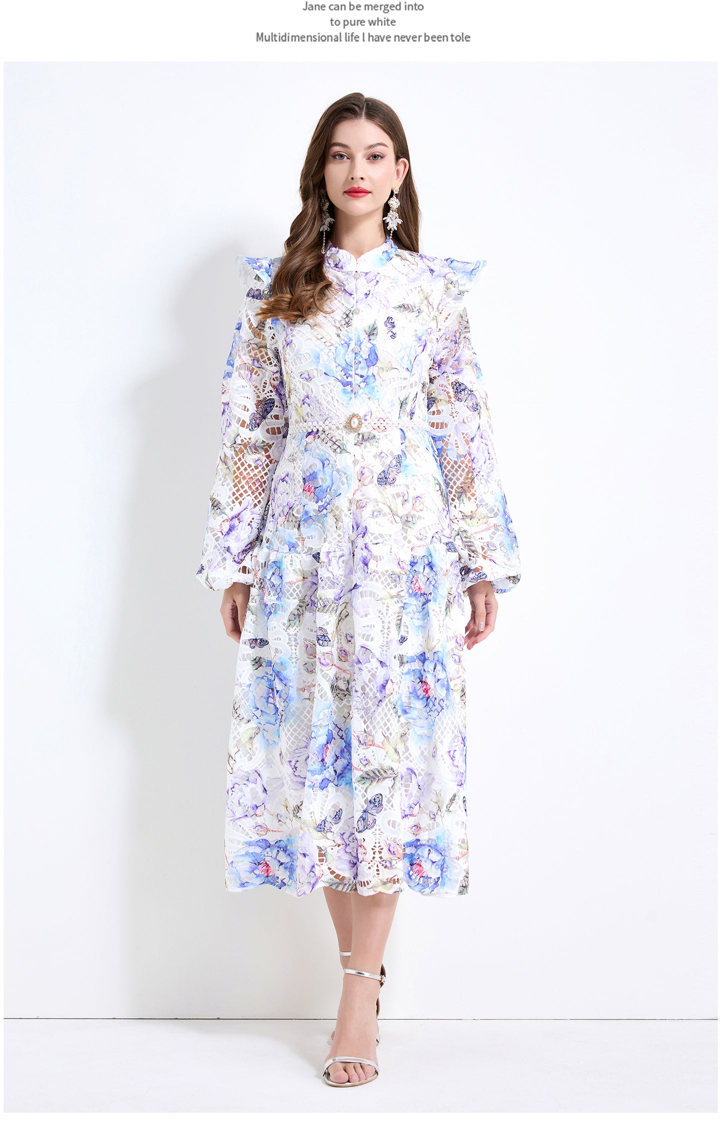 Original design - Spring/Summer vintage stand collar floral print heavy industry water-soluble long waist lace dress