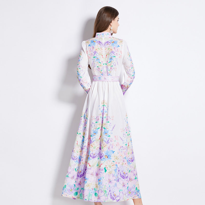 Original Design Spring/Summer Autumn Vacation New Flower Oil Painting Style Stand up Collar Long Dress