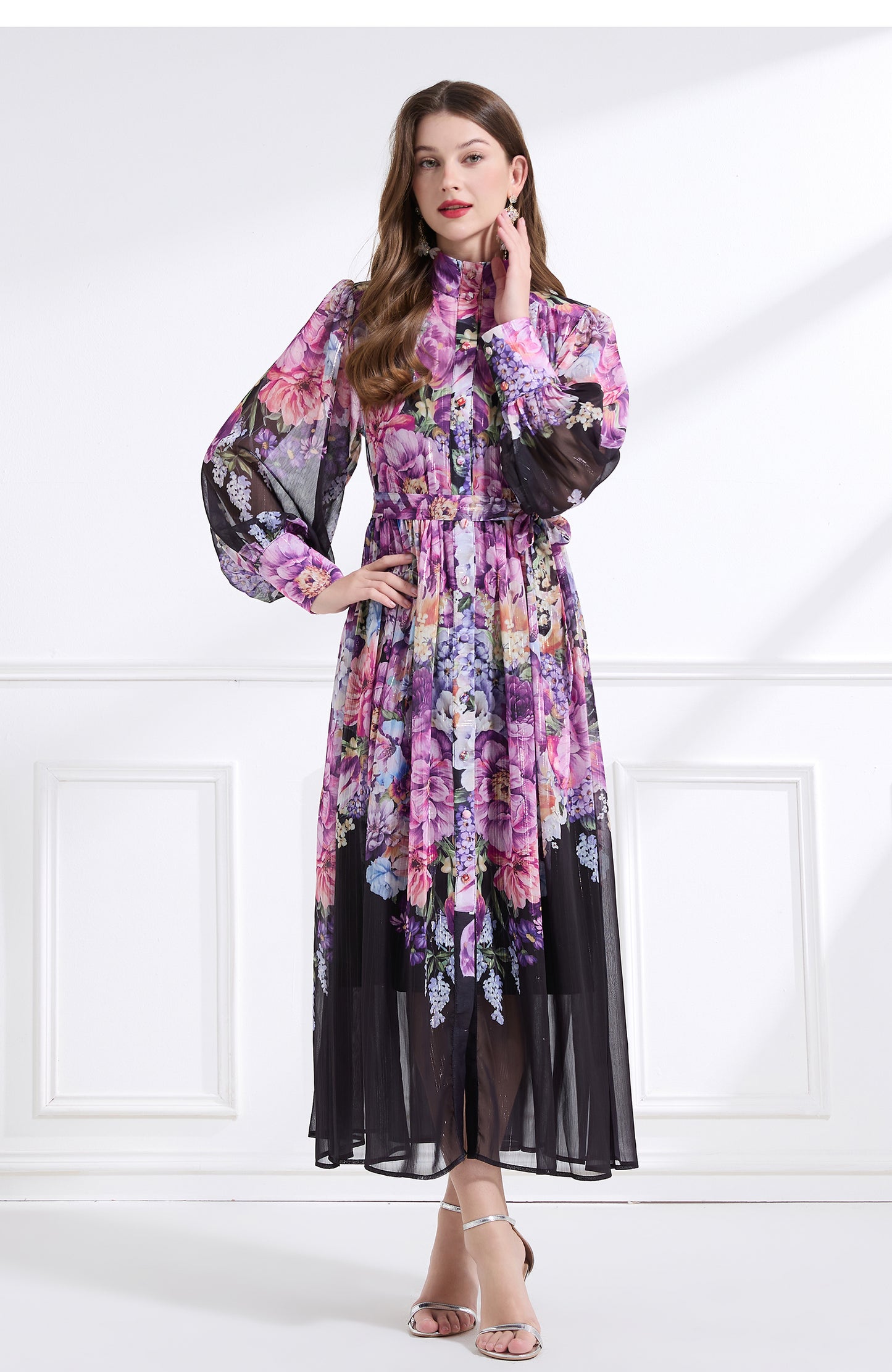 Original design - stand collar, watercolor, floral print, balloon sleeves, cinched waist, large skirt, ruffled skirt