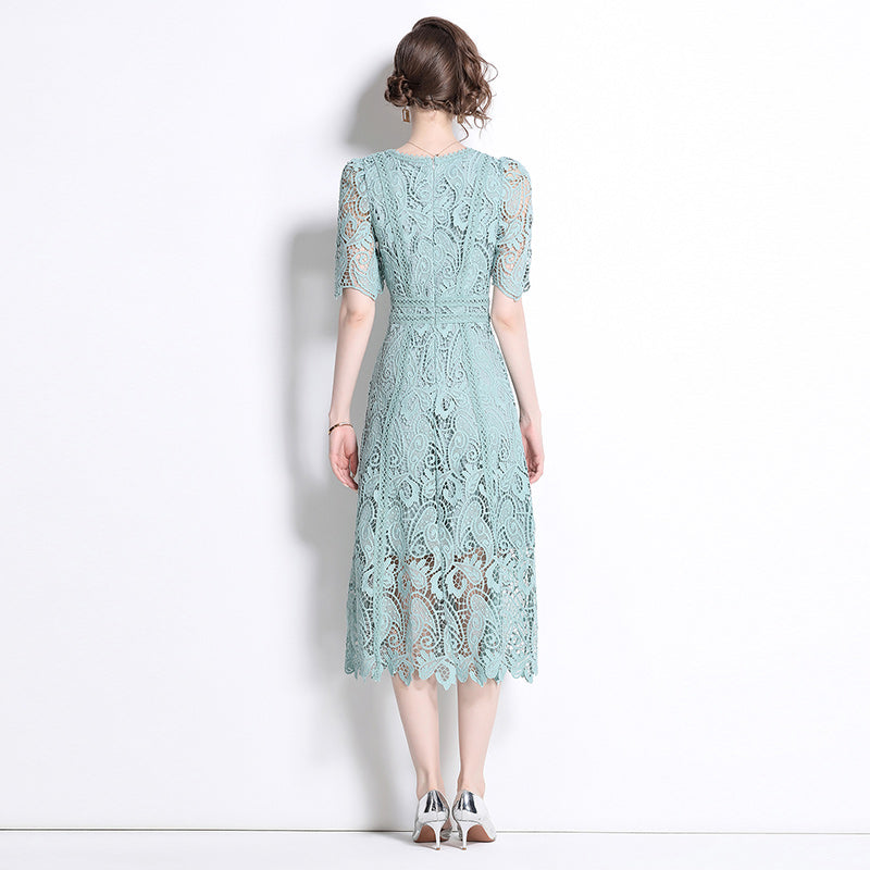 Original design temperament short sleeved skirt slim fit waist cinching heavy industry water-soluble lace dress for women