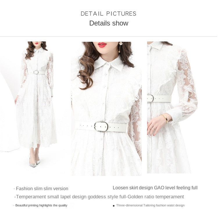 Original design: Spring, Summer, Autumn, Vacation lapel style, embroidered lace, balloon sleeves, lace, long vintage dress