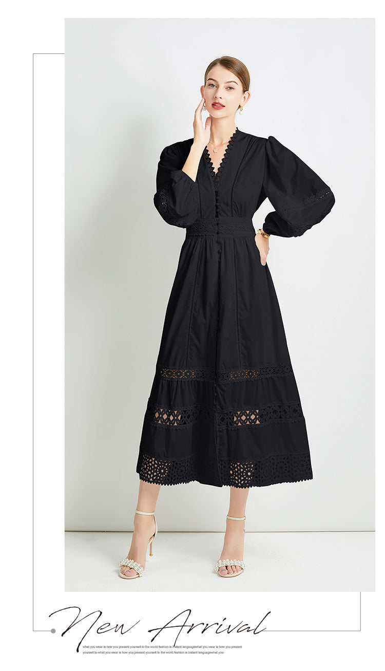 Original design fashionable temperament V-neck patchwork lace hollow out design sense long sleeved waist cinching dress