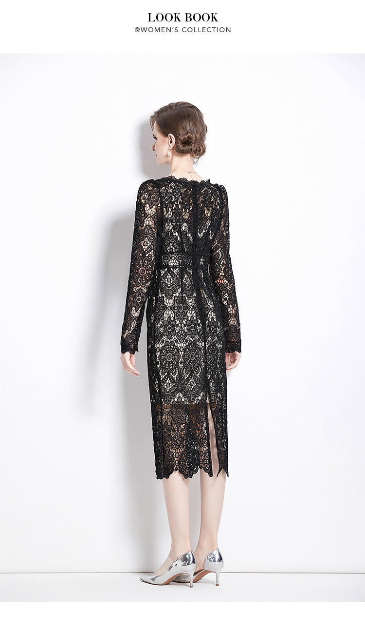 Original design for spring and summer water-soluble lace V-neck slim fit mid length dress for women