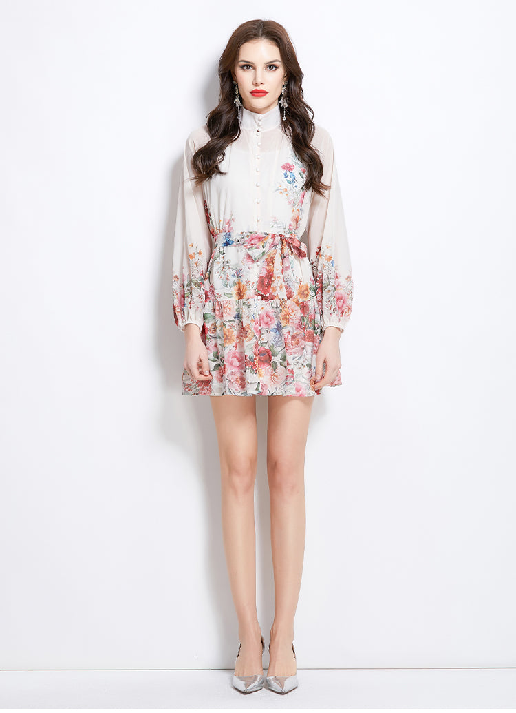 Original design for spring and summer vacation, new floral oil painting style stand up collar short dress