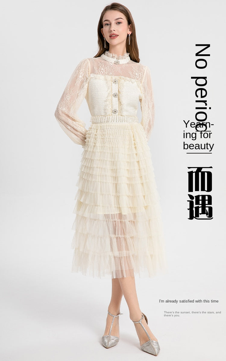 Original design women's heavy industry coarse tweed splicing mesh cake skirt crystal tassel temperament fairy