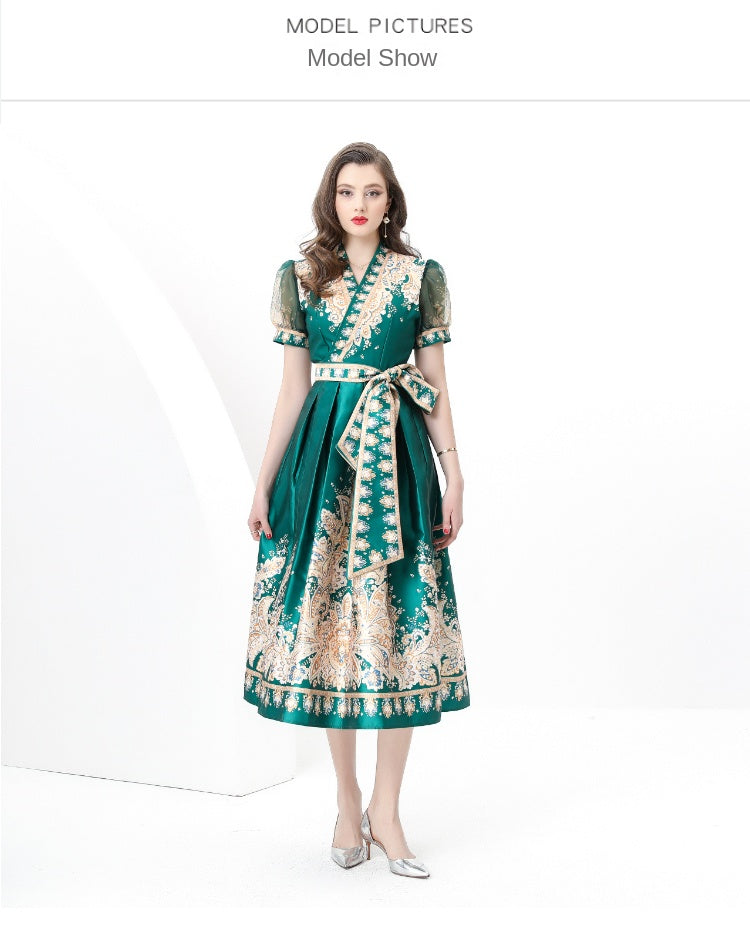 original design Spring/summer wrap tie style V-neck balloon sleeve long vintage print dress