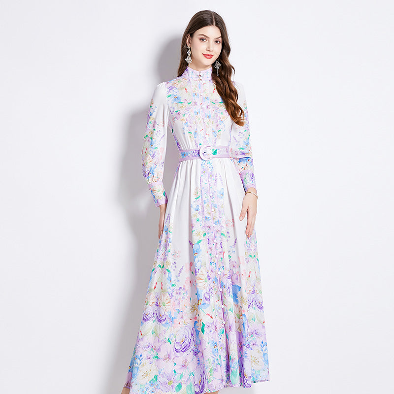 Original Design Spring/Summer Autumn Vacation New Flower Oil Painting Style Stand up Collar Long Dress