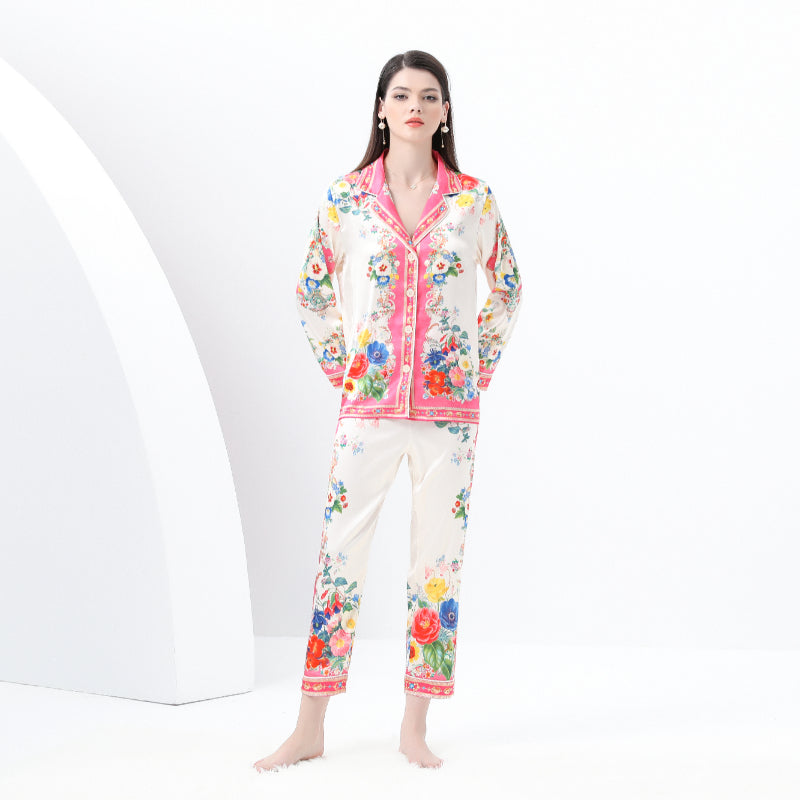 Original design: Spring, Summer, Autumn, Casual Trim, Pajama Set, Suit Collar, Long Sleeves, Long Pants, Printed Two-Piece Set