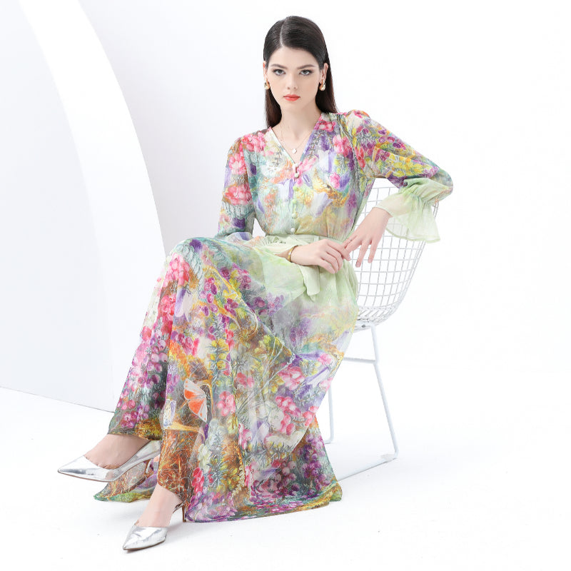 Original design - spring and summer real shot - spot light luxury heavy work chiffon splicing tape embroidery high-waisted thin temperament dress