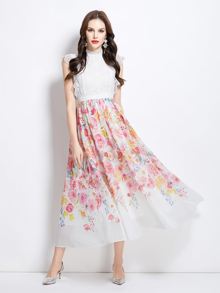 Original Design Spring/Summer/Autumn Vacation New Colorful Oil Painting Style Lace Splicing Long Dress
