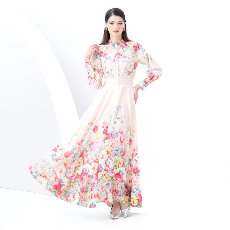 Original Design Spring/Summer Retro Style Stand up Collar High Waist Wave Edge Printed Dress Set, Two Piece