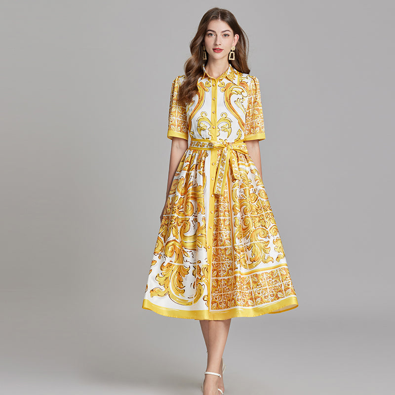 Original Design Spring/Summer Positioning Printed Collar Strap Waist Shirt Dress Large Swing A-line Skirt