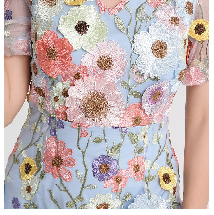 Art embroidery boutique color hand-ordered vintage V-neck slit wrap hip dress