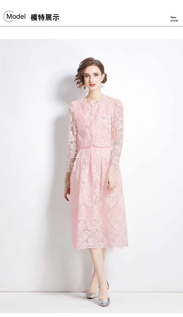 Original design for spring and summer long sleeved small fragrance style set light luxury temperament water-soluble lace skirt two-piece set