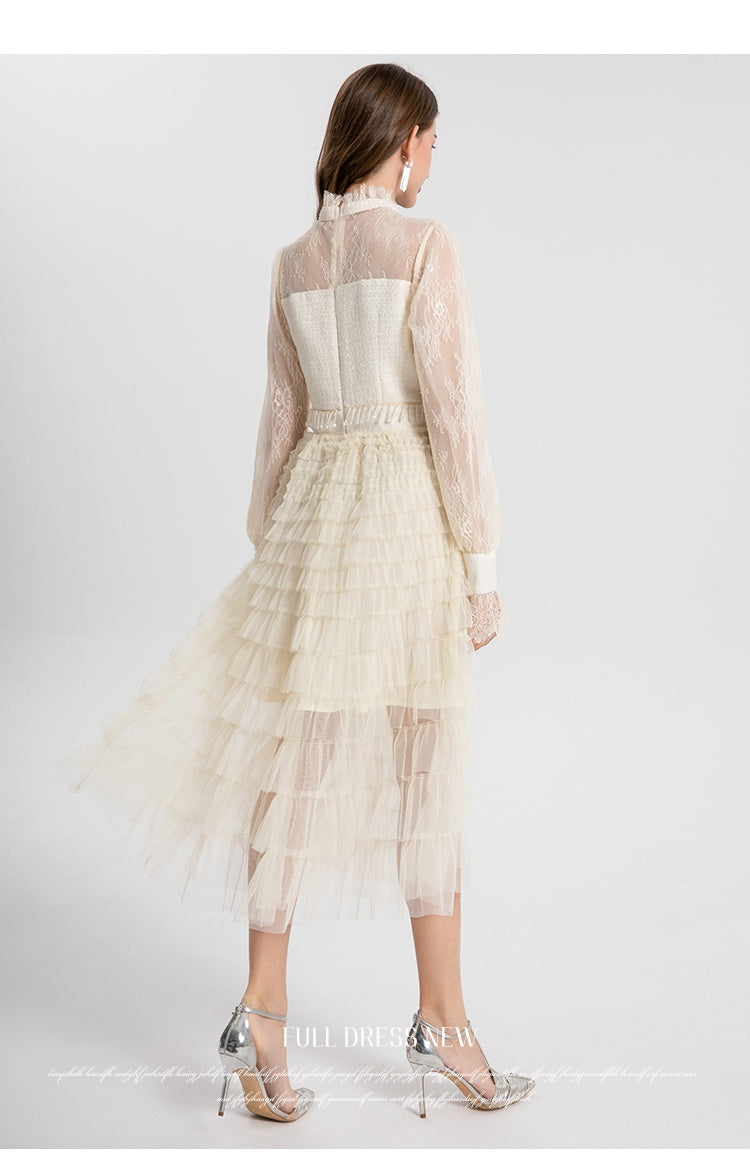 Women's clothing heavy art, coarse tweed splicing mesh cake skirt