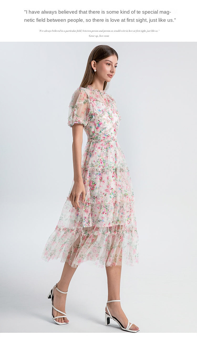 Original design heavy industry nail drill small floral French boutique mesh summer sweet dress