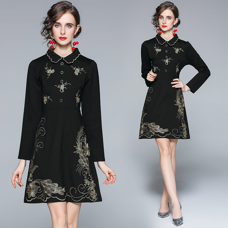Original design exquisite temperament lapel single breasted heavy embroidery waist slimming autumn and winter dress