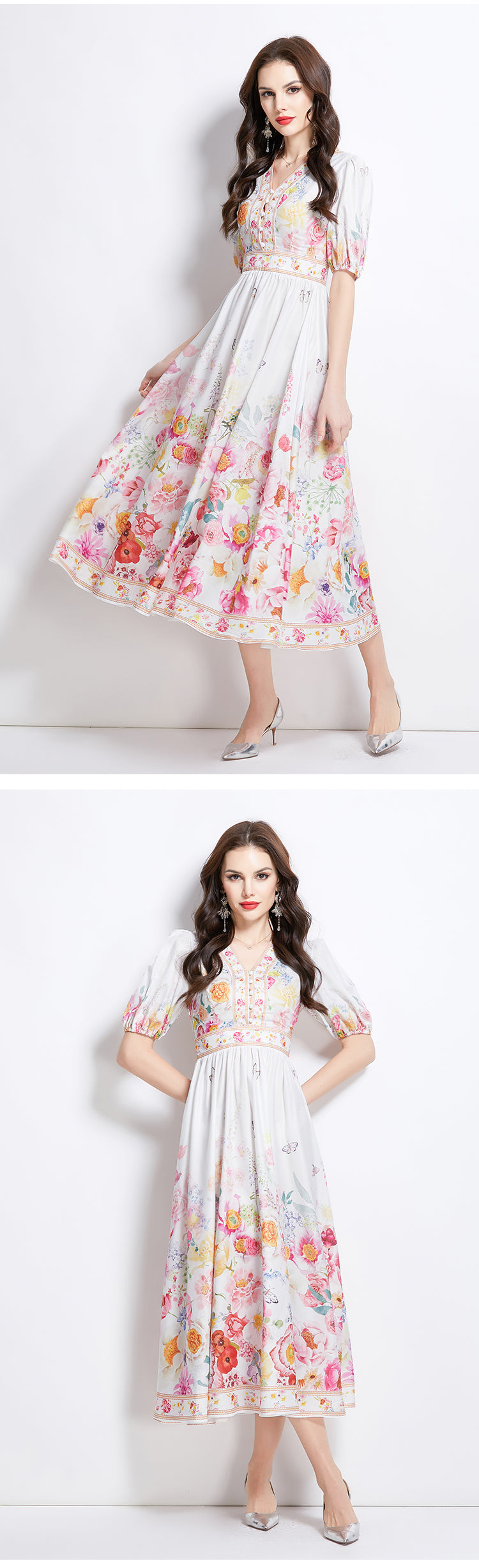 Original design for spring and summer new style bubble sleeve oil painting style waist cinched V-neck dress