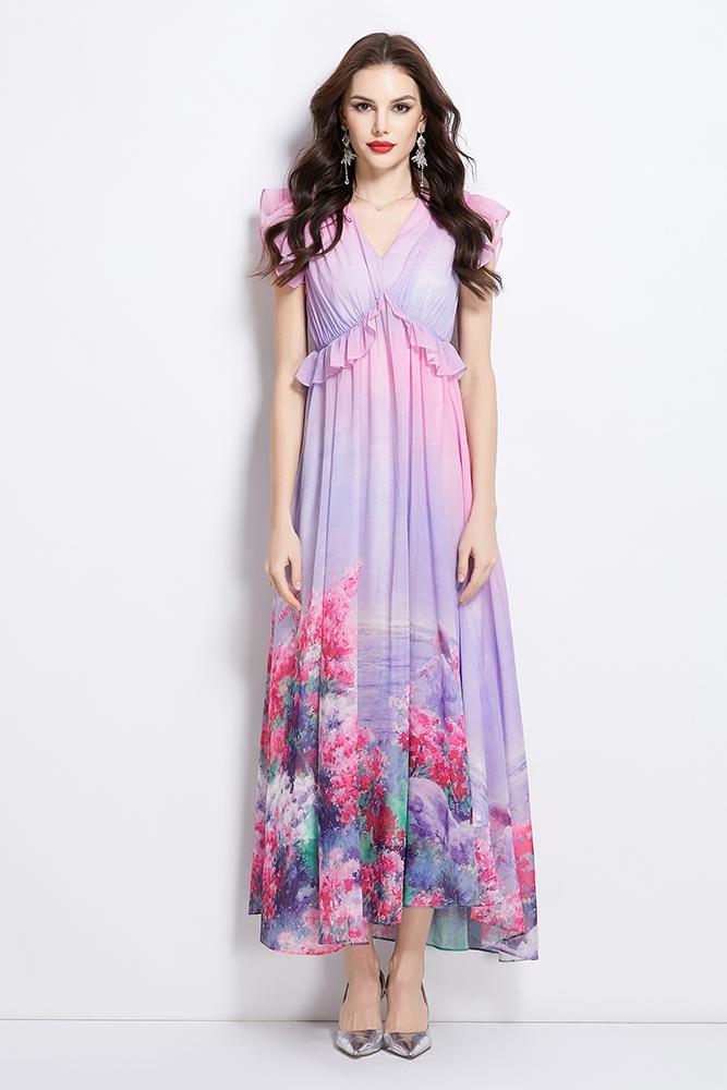 Original Design Spring/Summer Retro Flower Little Fly Sleeve Long Dress