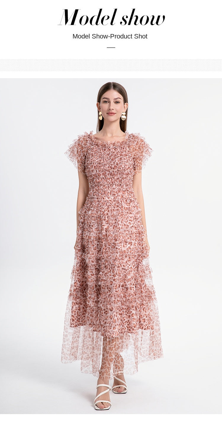Beautiful French leopard print puff sleeve one-shoulder mesh temperament dress