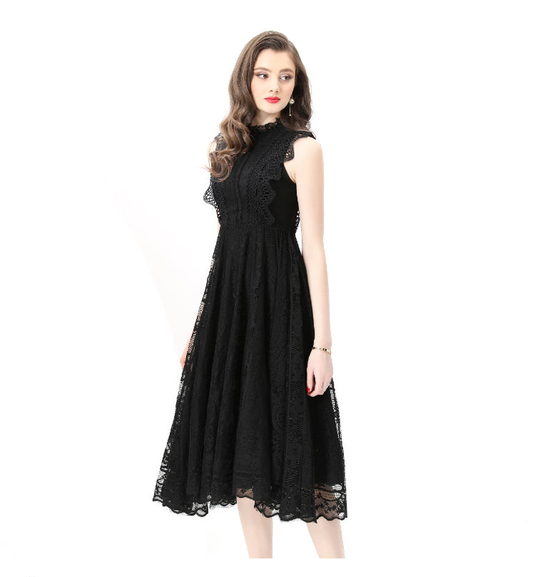 Original design: Spring, Summer, Autumn, Vacation, round neck, smocked style, lace, sleeveless, lace, long vintage dress
