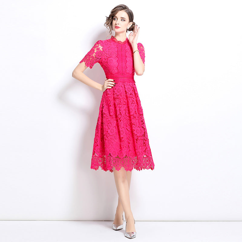 Original design short sleeved slimming hollow out water-soluble lace positioning mid length dress