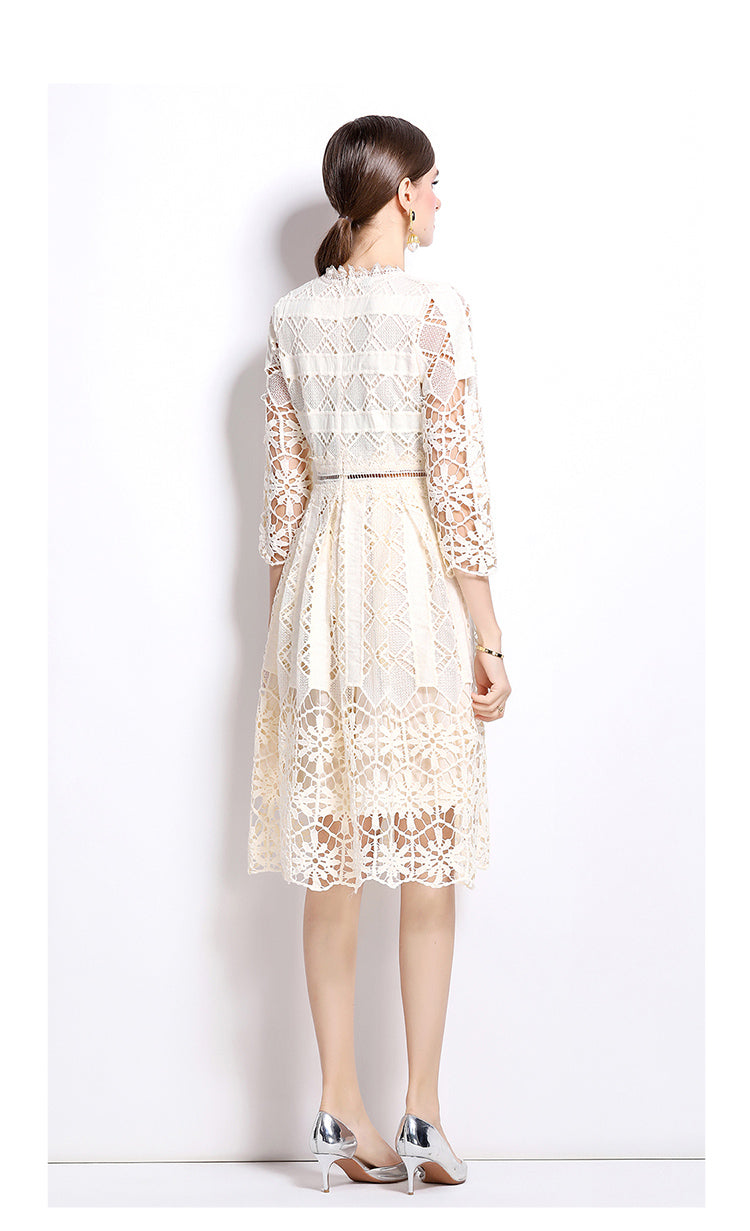 Original design mid long sleeved slimming hollow out water-soluble lace positioning printed mid length dress for spring, summer, autumn vacation
