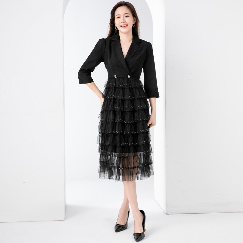 Original design exquisite mesh cake skirt patchwork suit dress temperament fake 2pieces