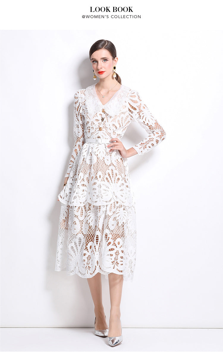 Original Design: Spring and Summer High End Water soluble Embroidered Medium length Skirt with V-neck and Waist cinching to Look Thin Dress